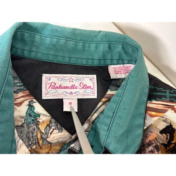 Vintage Panhandle Slim size M Pearl Snap Western Button Down Shirt Horses j - Picture 11 of 12